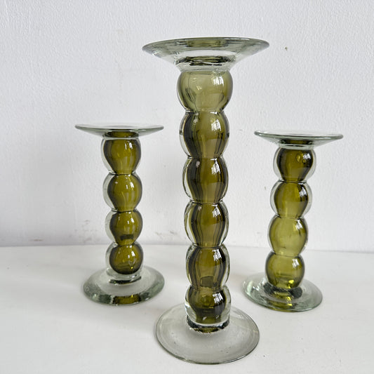 CA038 TRIO OF VINTAGE BUBBLE GLASS PILLAR CANDLE HOLDERS