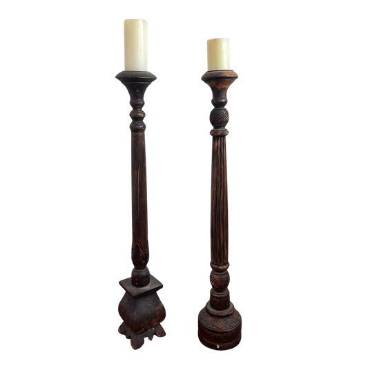CA044 PAIR OF ANTIQUE WOODEN OVERSIZED CANDLE HOLDERS