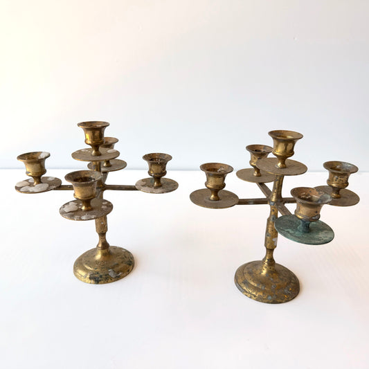 CA049 PAIR OF DISTRESSED BRASS CANDLE STICKS