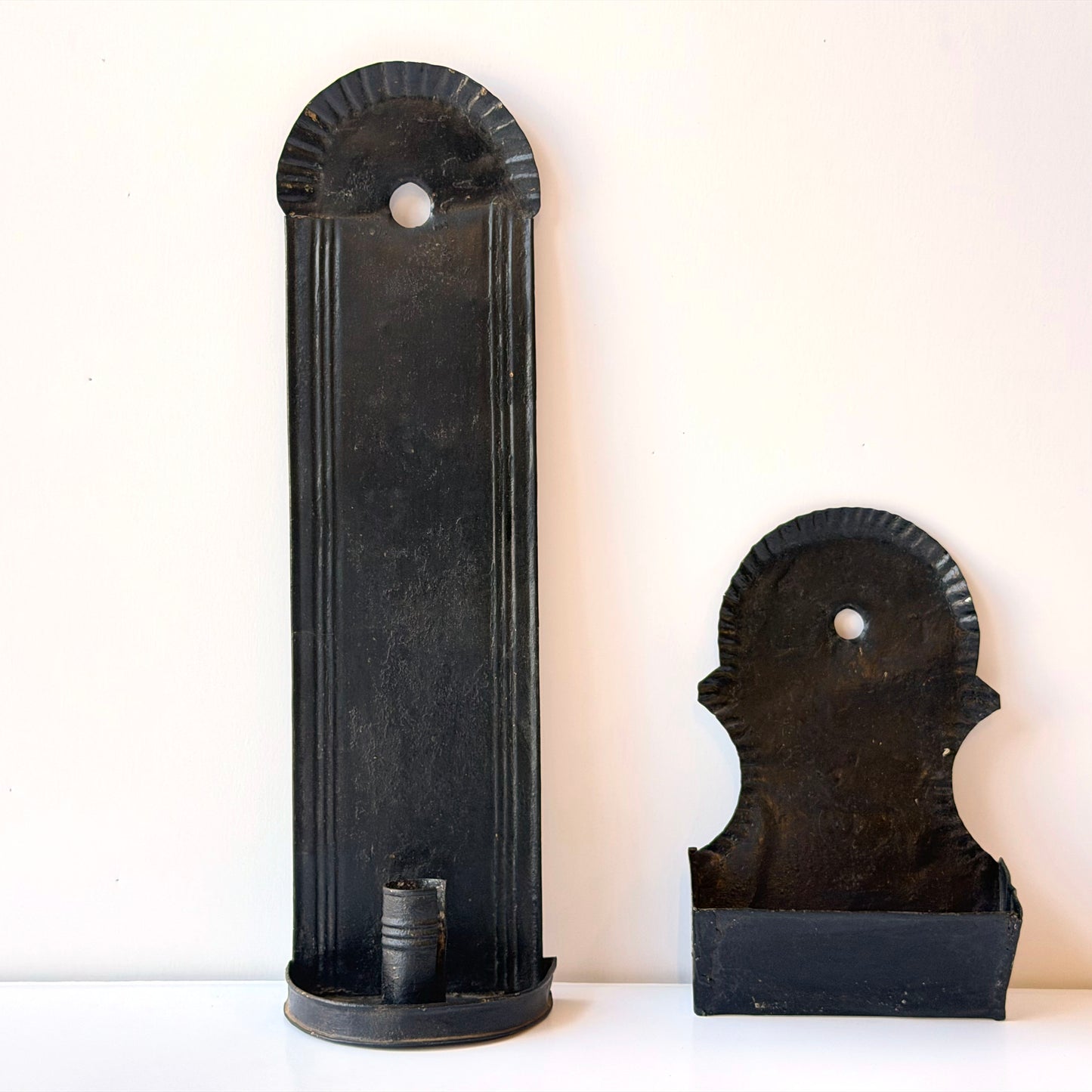 CA050 19TH CENTURY BLACK TIN WALL MOUNTED CANDLE HOLDER AND MATCH STICK HOLDER
