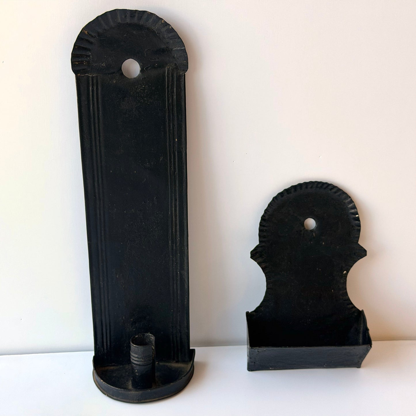 CA050 19TH CENTURY BLACK TIN WALL MOUNTED CANDLE HOLDER AND MATCH STICK HOLDER