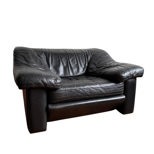 CH053 ITALIAN BLACK LEATHER ADJUSTABLE LOUNGE CHAIR WITH OTTOMAN