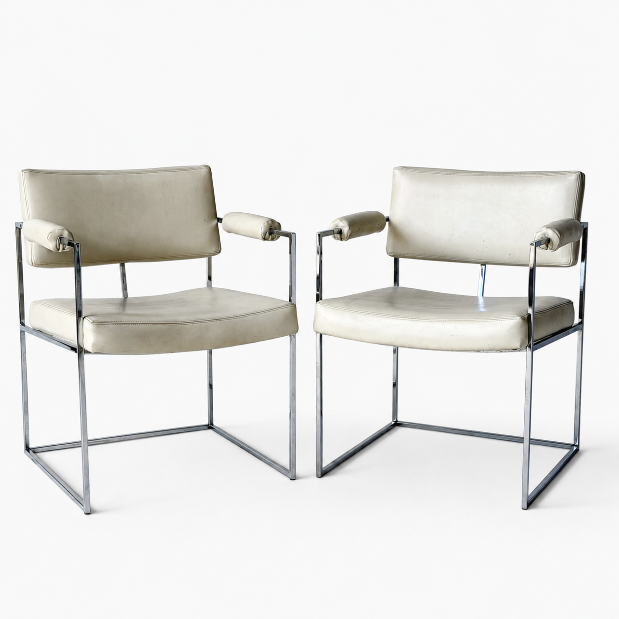 CH084 VINTAGE MILO BANGHMAN CHROME & WHITE LEATHER CHAIRS