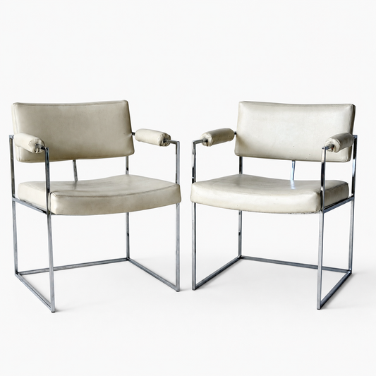 CH084 VINTAGE MILO BAUGHMAN CHROME & WHITE LEATHER CHAIRS