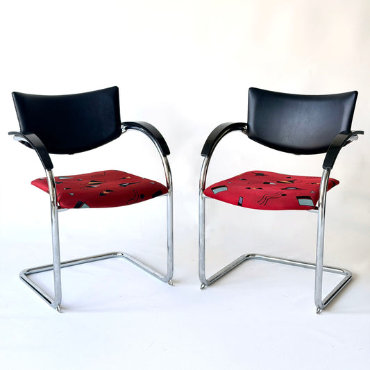 CH085 BLACK LEATHER, CHROME & RED GEOMETRIC PATTERN CANTILEVER CHAIRS