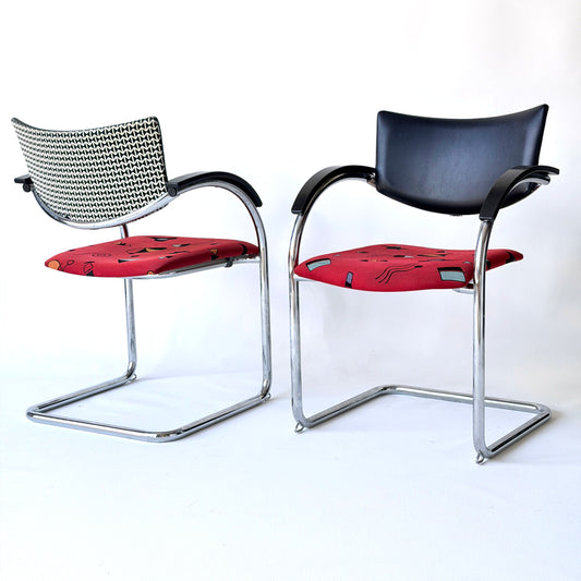 CH085 BLACK LEATHER, CHROME & RED GEOMETRIC PATTERN CANTILEVER CHAIRS