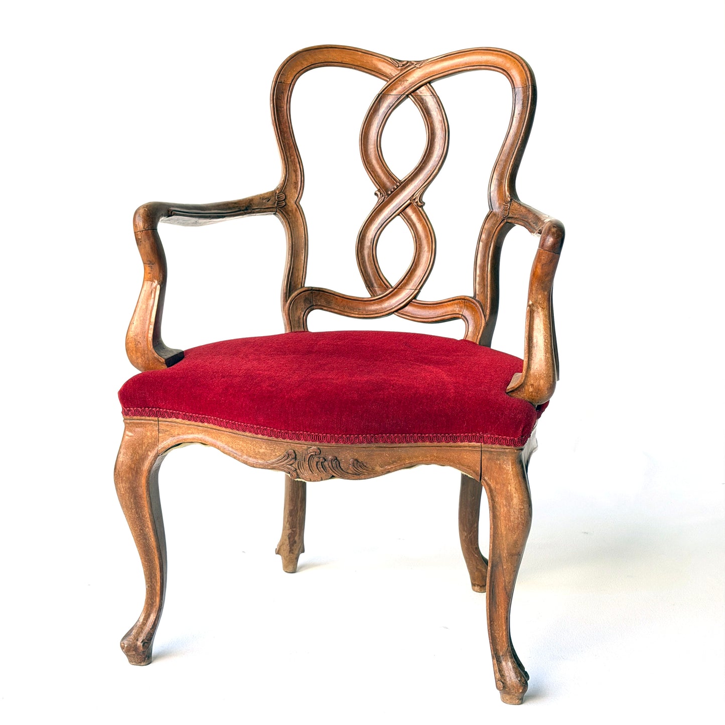 CH086 ROCOCO WALNUT PRETZEL CHAIR WITH RED VELVET SEAR