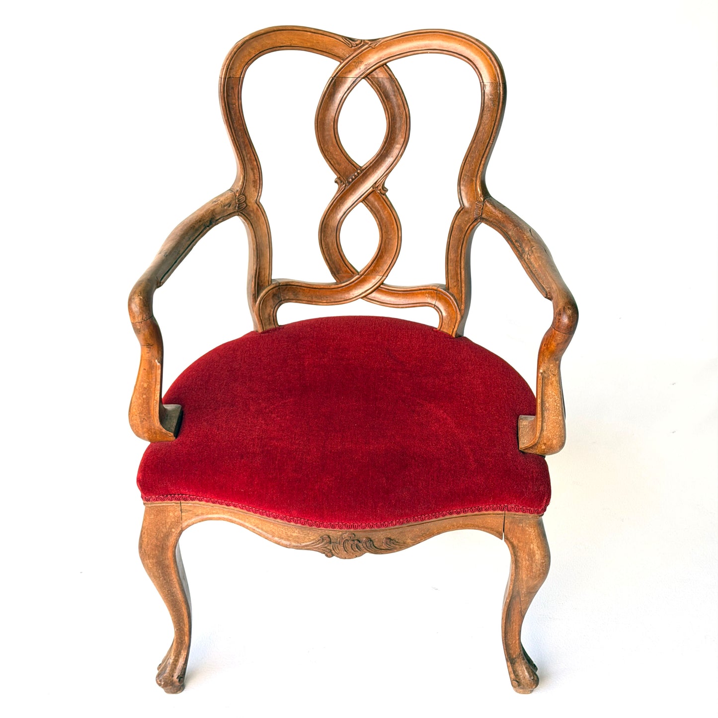 CH086 ROCOCO WALNUT PRETZEL CHAIR WITH RED VELVET SEAR