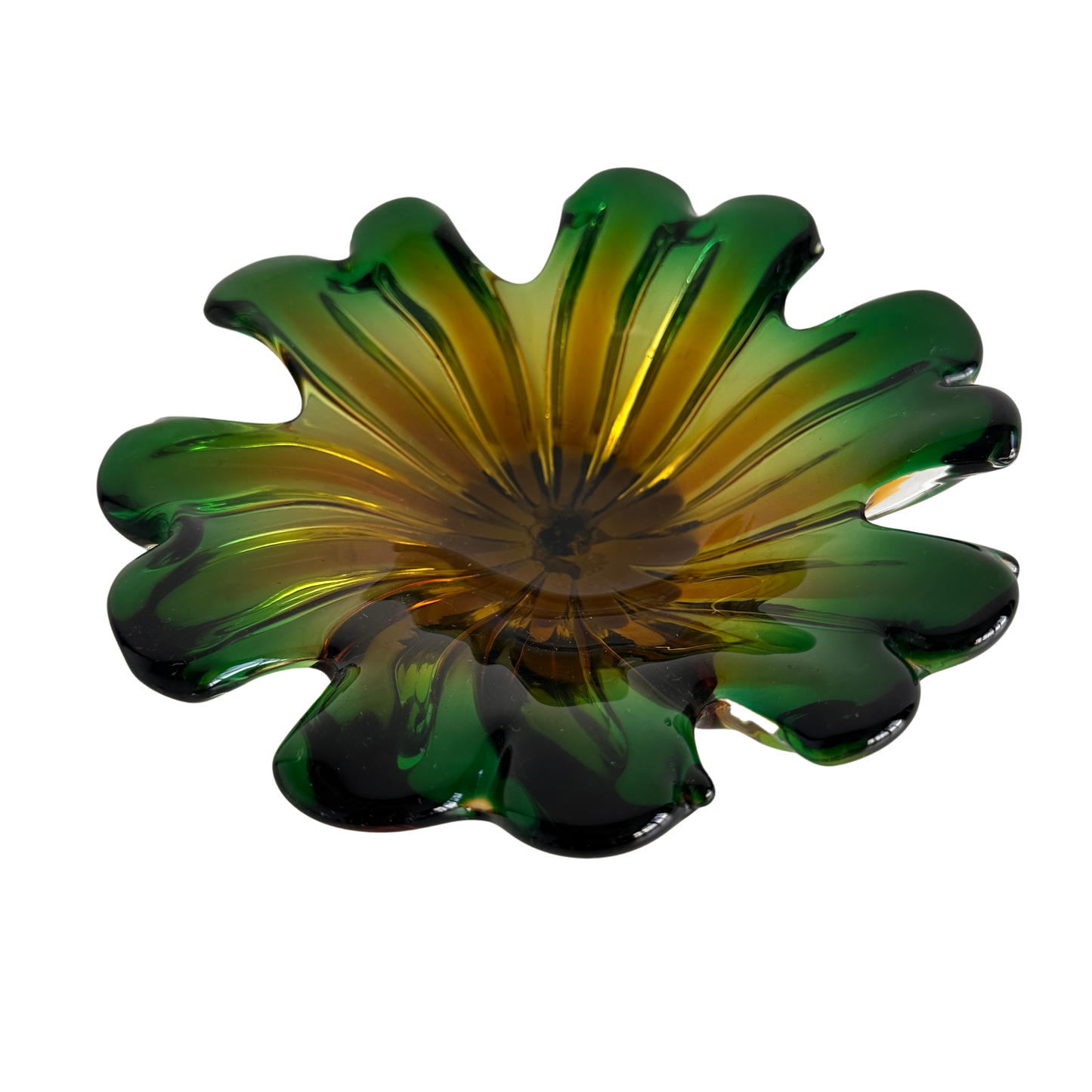 CT012 VINTAGE MURANO ITALIAN GLASS GREEN & AMBER DISH