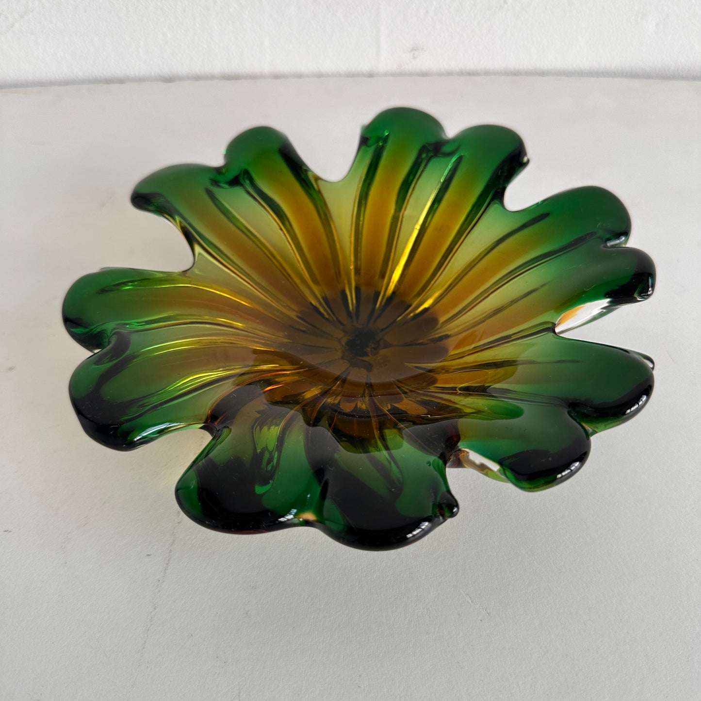 CT012 VINTAGE MURANO ITALIAN GLASS GREEN & AMBER DISH