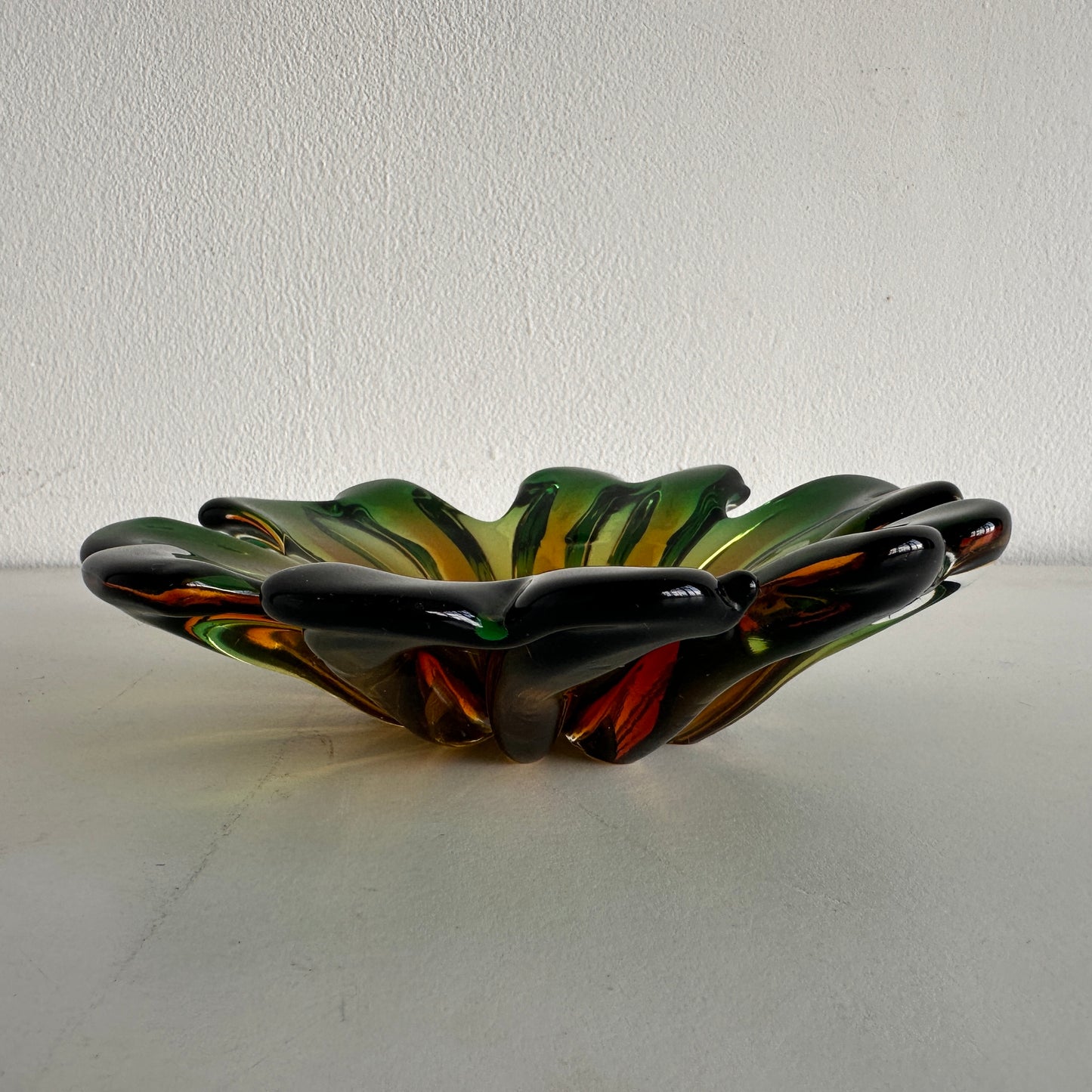 CT012 VINTAGE MURANO ITALIAN GLASS GREEN & AMBER DISH