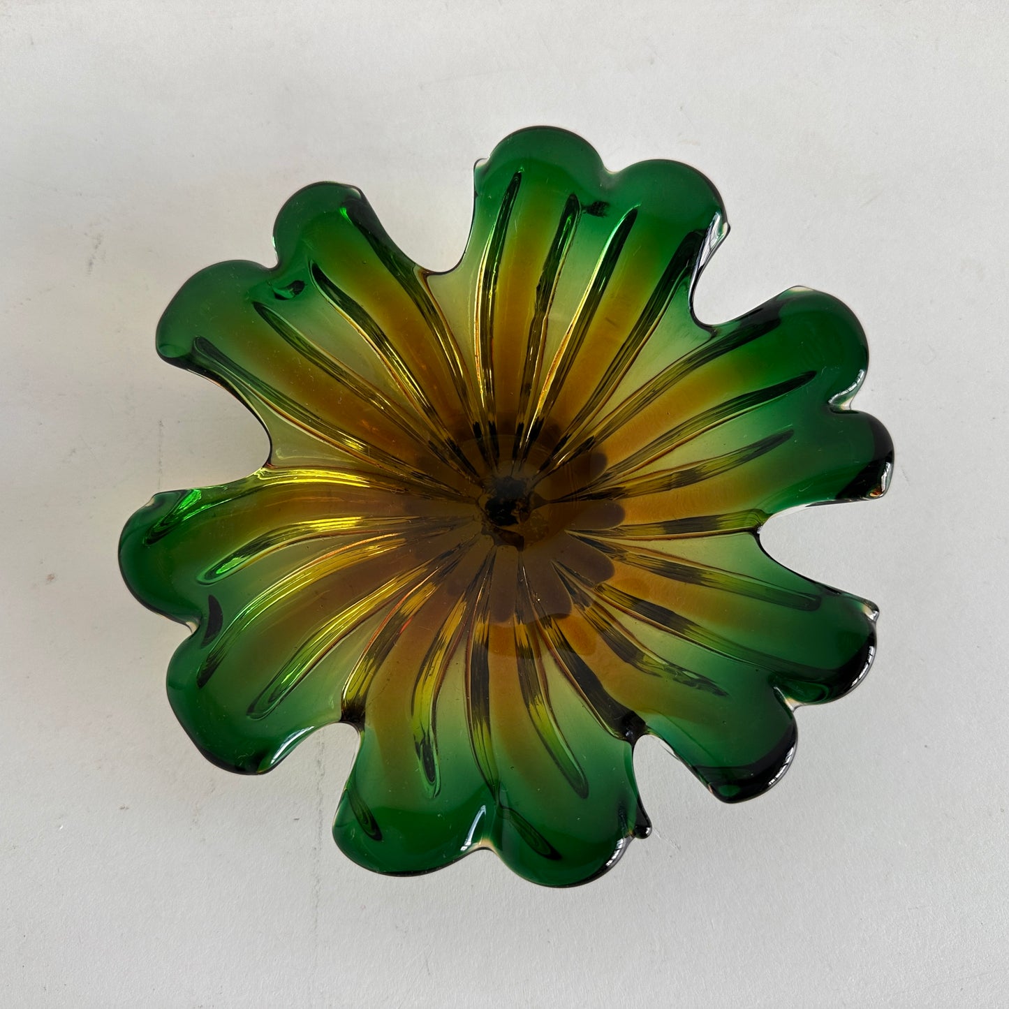 CT012 VINTAGE MURANO ITALIAN GLASS GREEN & AMBER DISH