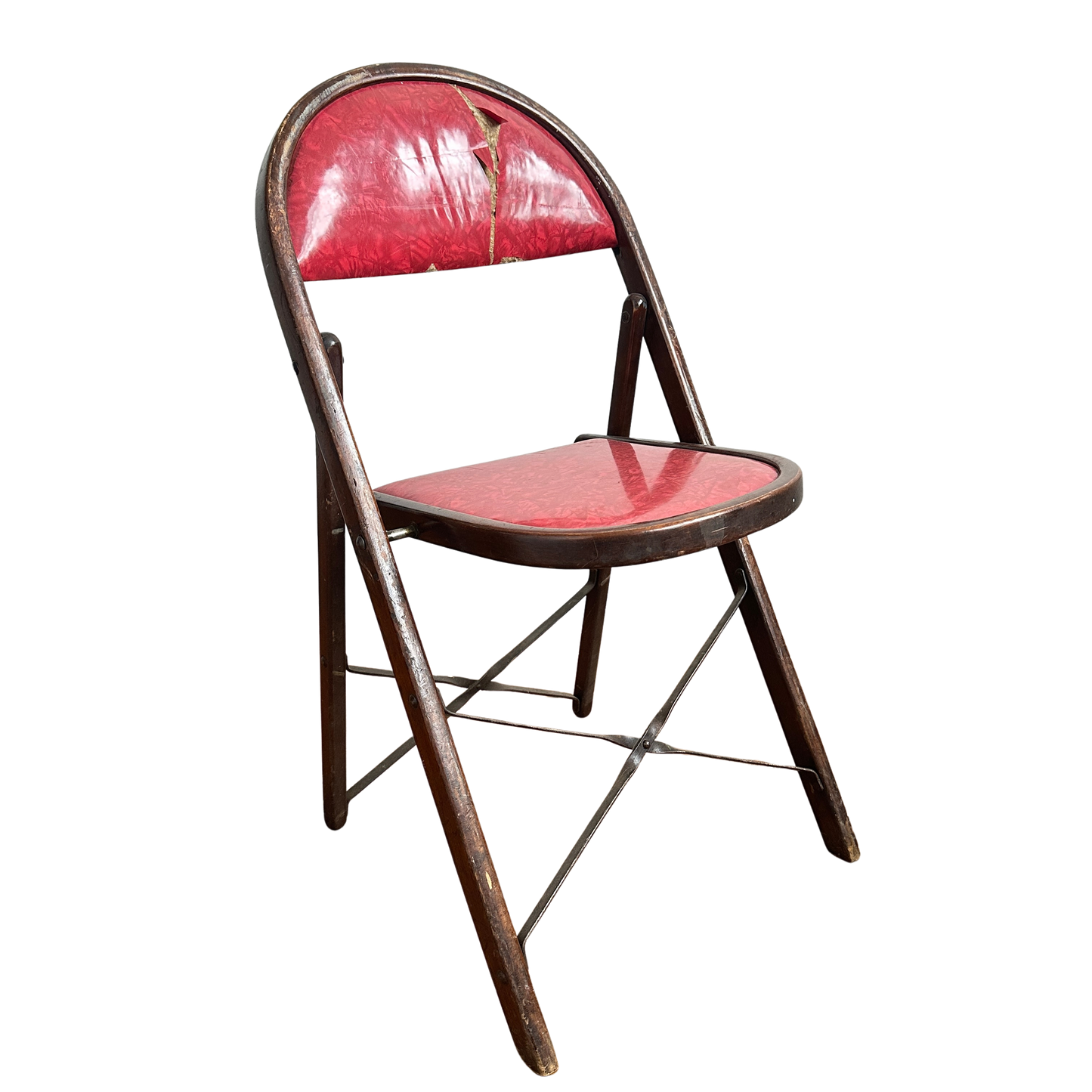 FC005 DISTRESSED RED VINYL & WOOD FOLDING CHAIR