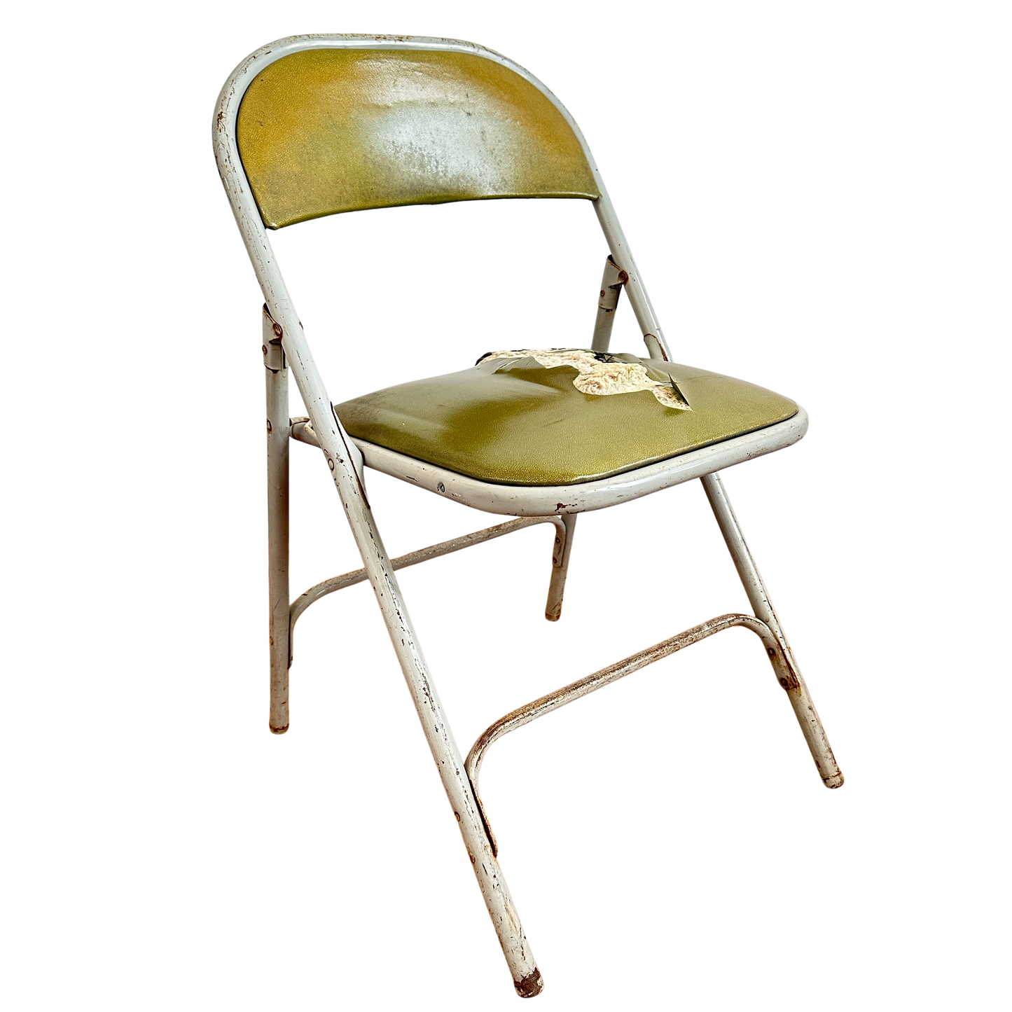 FC008 DISTRESSED GREEN VINYL GREY METAL FOLDING CHAIR