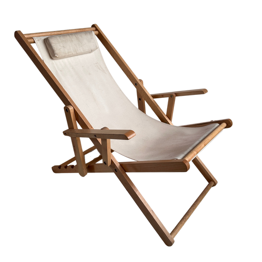 FC026 DISTRESSED BLONDE WOOD AND BEIGE FABRIC BEACH SLING CHAIR