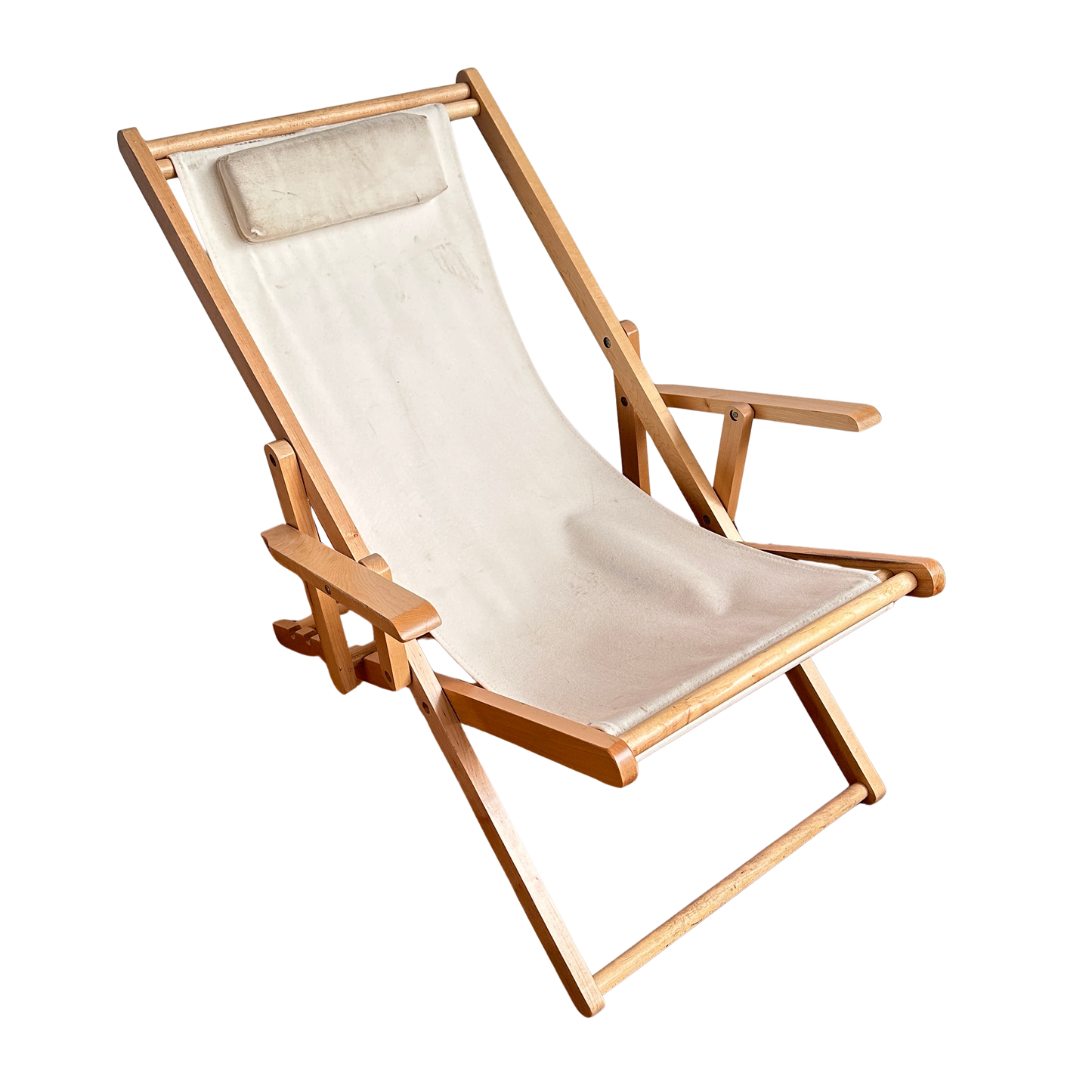 FC026 DISTRESSED BLONDE WOOD AND BEIGE FABRIC BEACH SLING CHAIR