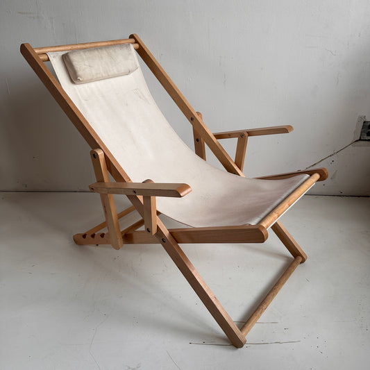 FC026 DISTRESSED BLONDE WOOD AND BEIGE FABRIC BEACH SLING CHAIR