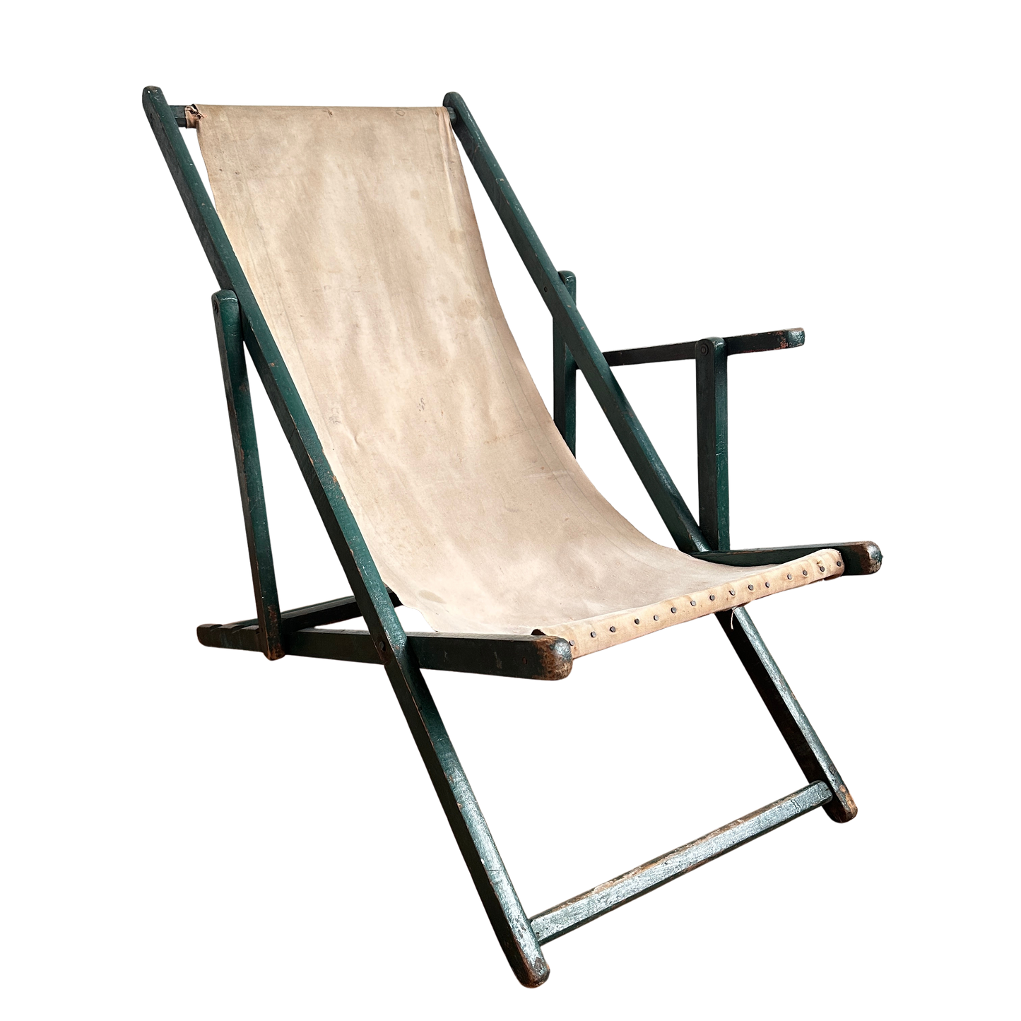 FC027 DISTRESSED ONE ARMED GREEN & BEIGE BEACH SLING CHAIR