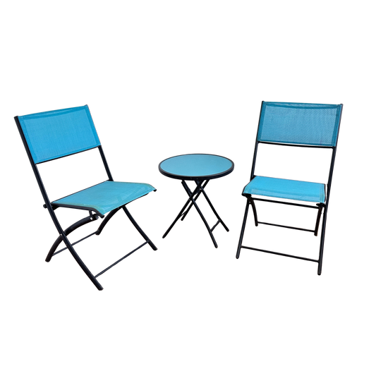 FC043 SET OF TWO TURQUOISE PATIO CHAIRS WITH MATCHING GLASS SIDE TABLE