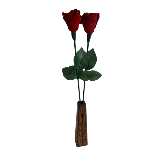 FF005 PAIR OF RED LEATHER FLOWERS AND WOOD VASE
