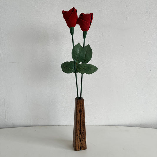 FF005 PAIR OF RED LEATHER FLOWERS AND WOOD VASE