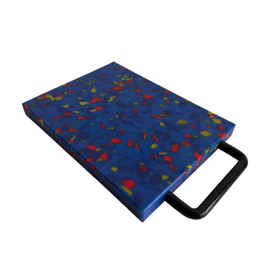 KT002 BLUE CUTTING BOARD WITH RED AND YELLOW SPECS