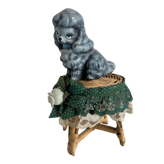 OB036 CHEEKY POODLE ON A TINY RATTAN TABLE