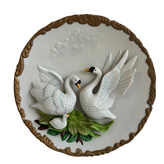 OB043 VINTAGE 3D PLATE WITH SWANS MADE OF CERAMIC & GOLD-COLORED DECORATIVE EDGE