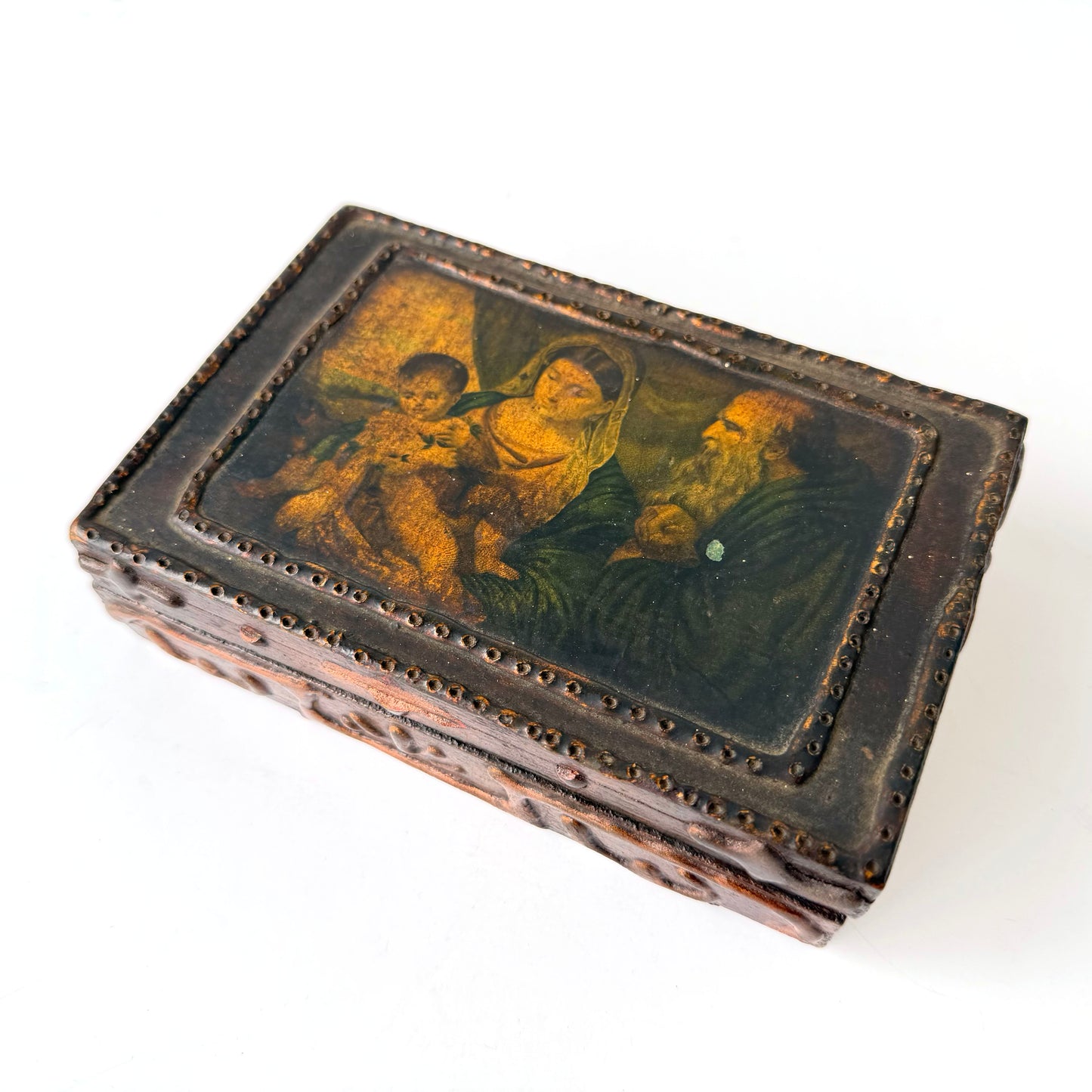 OB115 FOLRENTINE WOODEN MADONNA AND CHILD JEWELRY BOX
