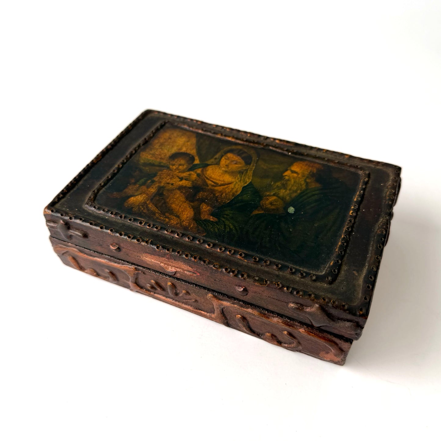 OB115 FOLRENTINE WOODEN MADONNA AND CHILD JEWELRY BOX