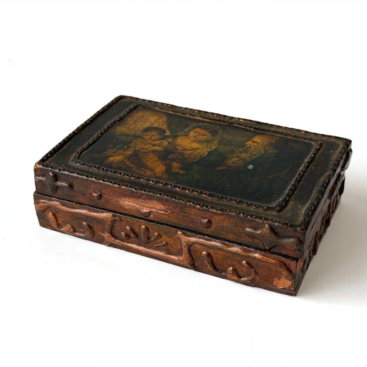 OB115 FOLRENTINE WOODEN MADONNA AND CHILD JEWELRY BOX