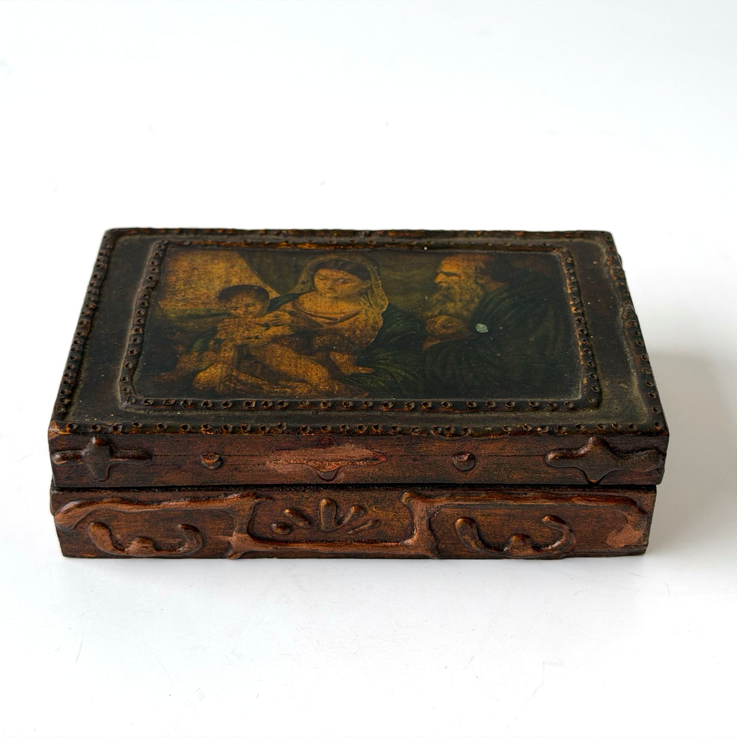 OB115 FOLRENTINE WOODEN MADONNA AND CHILD JEWELRY BOX