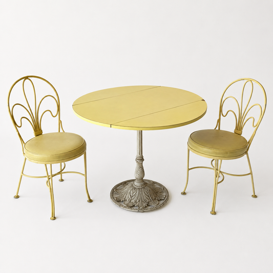 OD009 VINTAGE DISTRESSED YELLOW LAMINATE DROPLEAF BISTRO TABLE WITH CAST IRON BASE & FOUR CHAIR