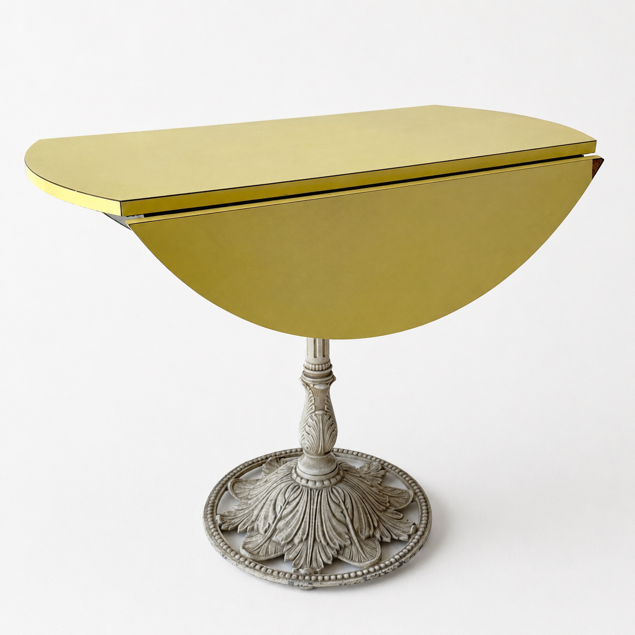 OD010 VINTAGE DISTRESSED YELLOW LAMINATE DROPLEAF BISTRO TABLE WITH CAST IRON BASE