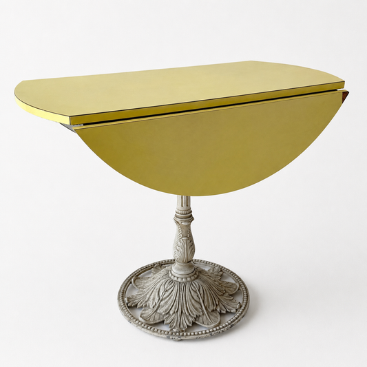 OD010 VINTAGE DISTRESSED YELLOW LAMINATE DROPLEAF BISTRO TABLE WITH CAST IRON BASE