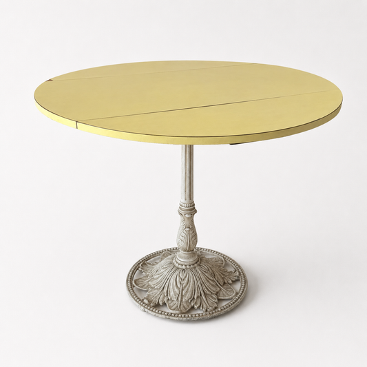 OD010 VINTAGE DISTRESSED YELLOW LAMINATE DROPLEAF BISTRO TABLE WITH CAST IRON BASE