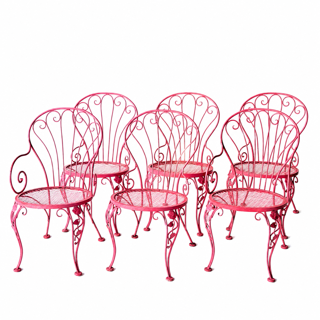 OD016.6 SET OF SIX PINK IRON PATIO CHAIRS