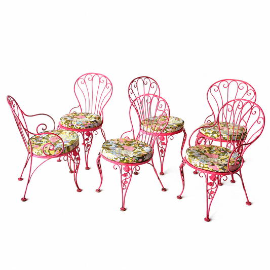 OD016.6 SET OF SIX PINK IRON PATIO CHAIRS