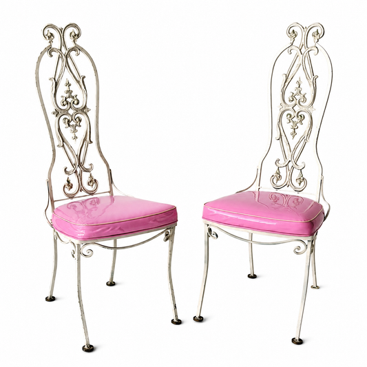 OD023 WHITE WROUGHT IRON & PINK VINYL PATIO CHAIRS