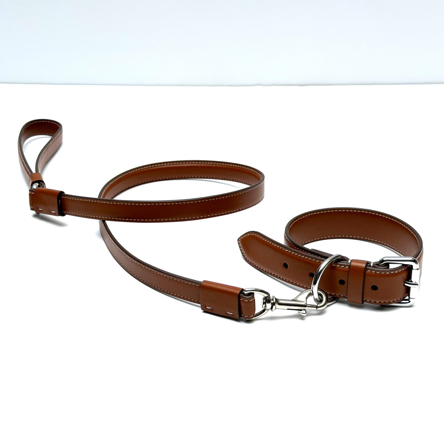 PT007 BROWN LEATHER DOG LEASH & COLLAR