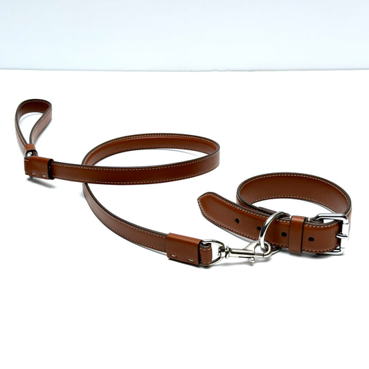PT007 BROWN LEATHER DOG LEASH & COLLAR