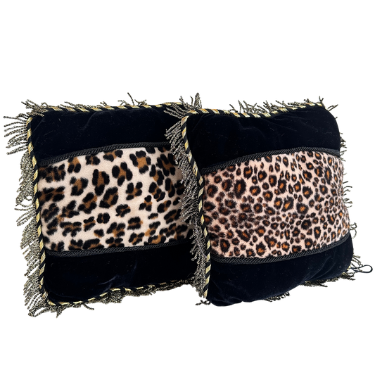 PW025 PAIR OF MINI BLACK & GOLD ANIMAL PRINT PILLOWS