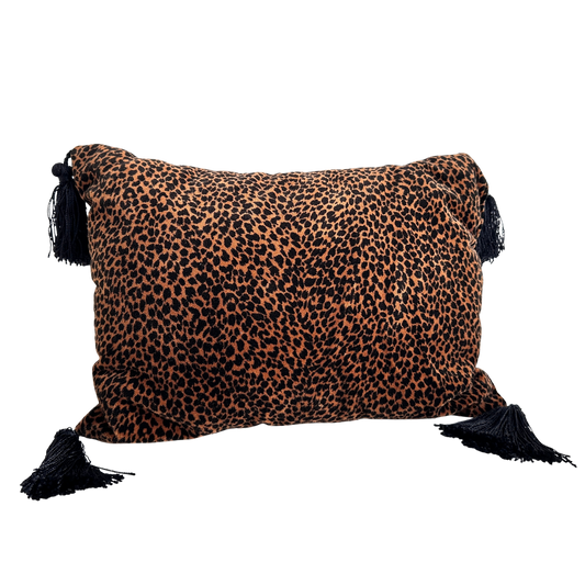 PW027 CHEETAH LUMBAR PILLOW WITH BLACK TASSELS