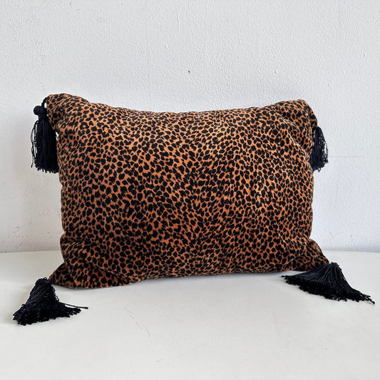 PW027 CHEETAH LUMBAR PILLOW WITH BLACK TASSELS