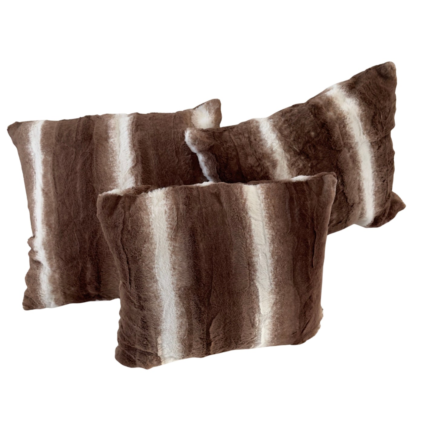PW037 SET OF THREE BROWN AND WHITE FUR PILLOWS