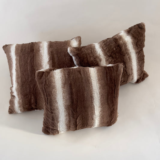 PW037 SET OF THREE BROWN AND WHITE FUR PILLOWS