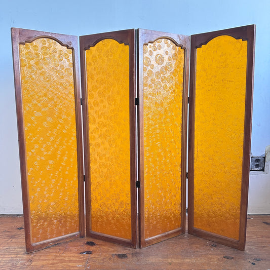SC001 ORANGE PLASTIC AND WOOD 4 PANEL FOLDING SCREEN