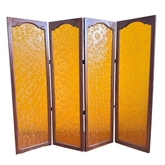 SC001 ORANGE PLASTIC AND WOOD 4 PANEL FOLDING SCREEN