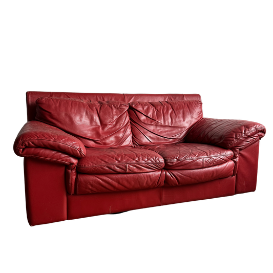 SF003 LIGHTLY DISTRESSED ITALIAN RED LEATHER LOVESEAT