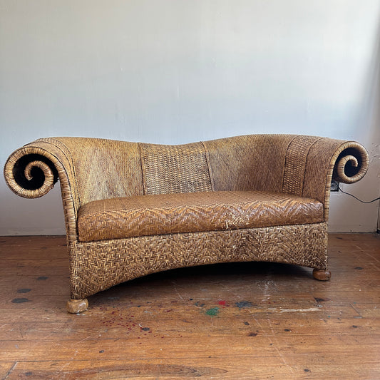 SF009 WOVEN RATTAN SOFA WITH WOVEN LEATHER SEAT